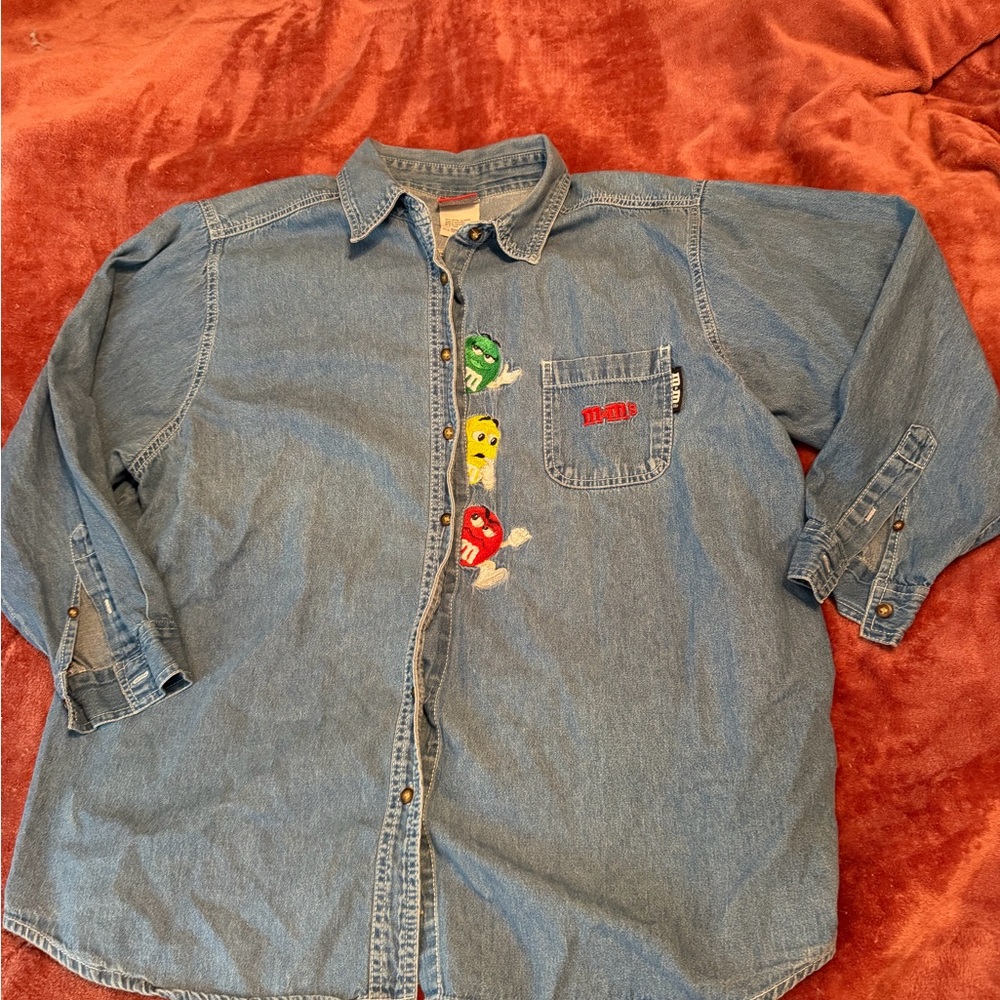 M&M'S Light Blue Denim Shirt with Purple and Red Logo Patch
